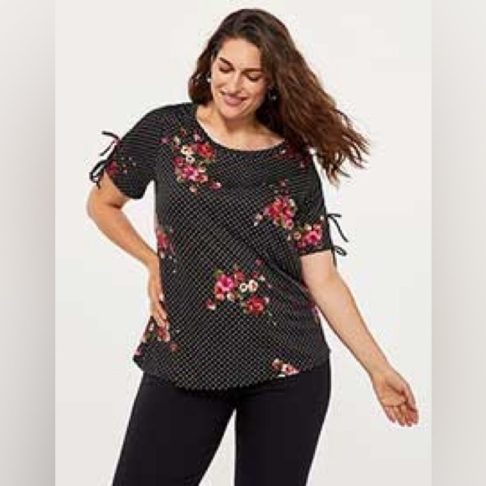 EUC 1X Penningtons Polka Dots & Floral Lace-up Sleeves Top